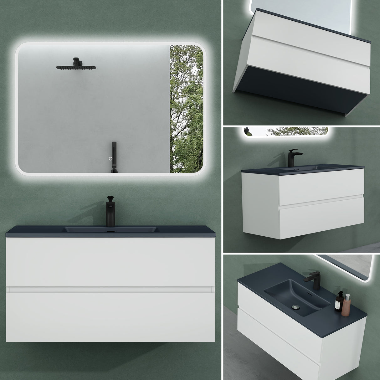 glasvilla Badmöbel-Set Waschtisch mit Unterschrank Mineralguss Waschbecken in Anthrazit Waschbeckenunterschrank 2-Schubladen Soft-Close Aqualis