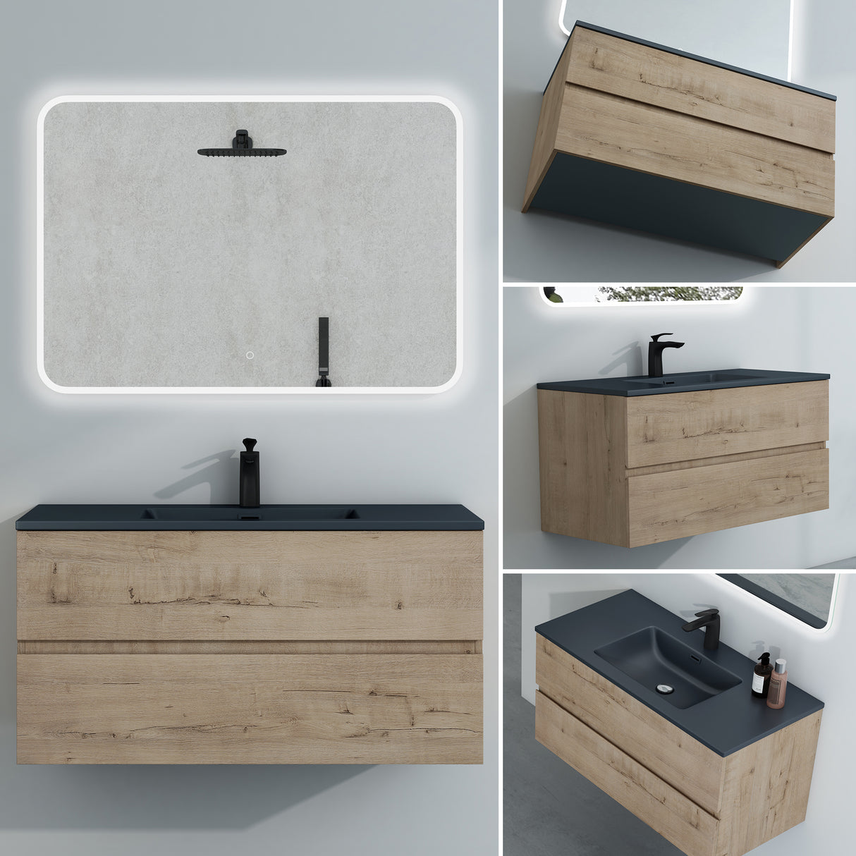 glasvilla Badmöbel-Set Waschtisch mit Unterschrank Mineralguss Waschbecken in Anthrazit Waschbeckenunterschrank 2-Schubladen Soft-Close Aqualis