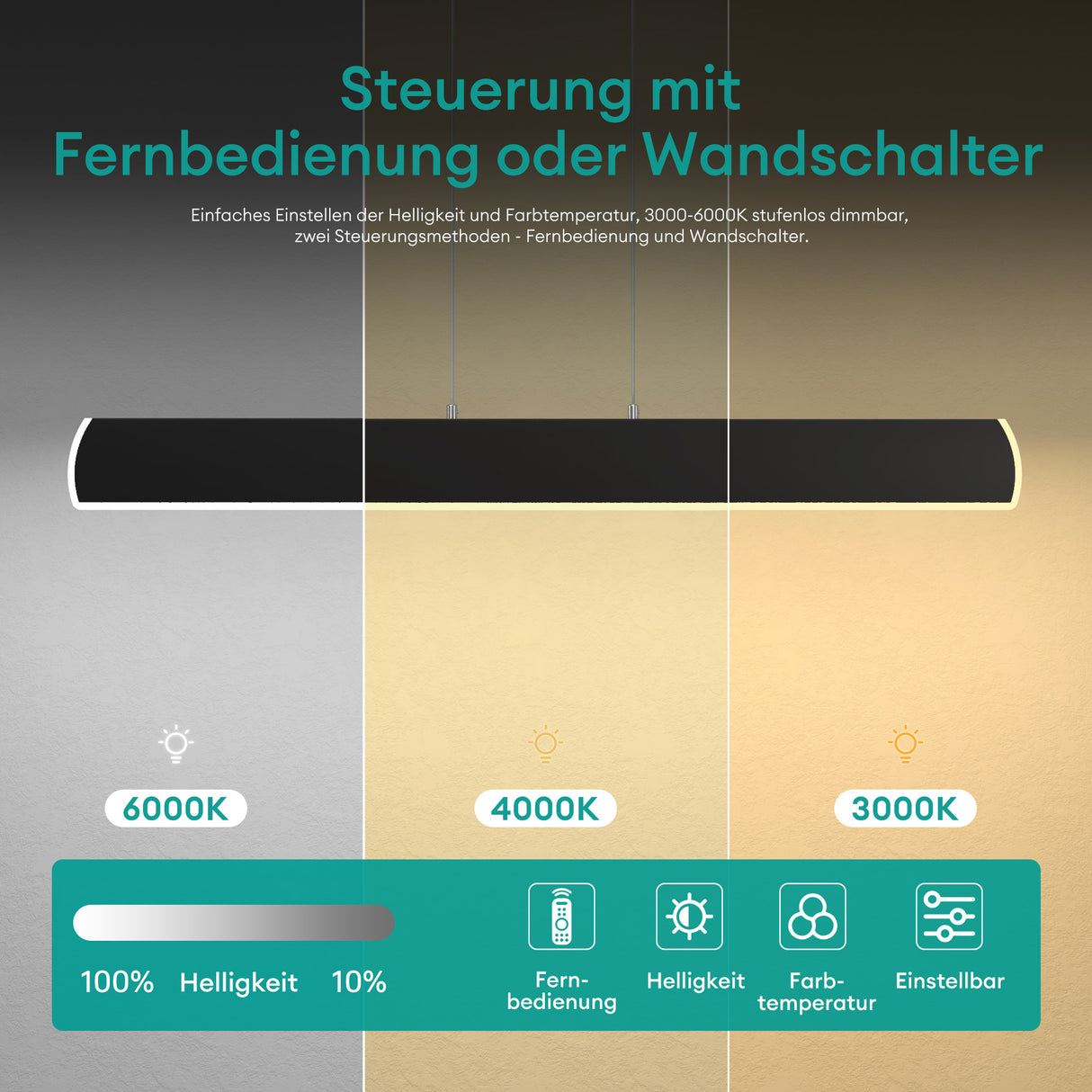 Suspension Glasvilla 100 cm, lampe LED dimmable avec télécommande, température de couleur 3000K/4000K/6000K, câble ajustable, 20 W, idéale pour salle à manger, salon ou chambre.