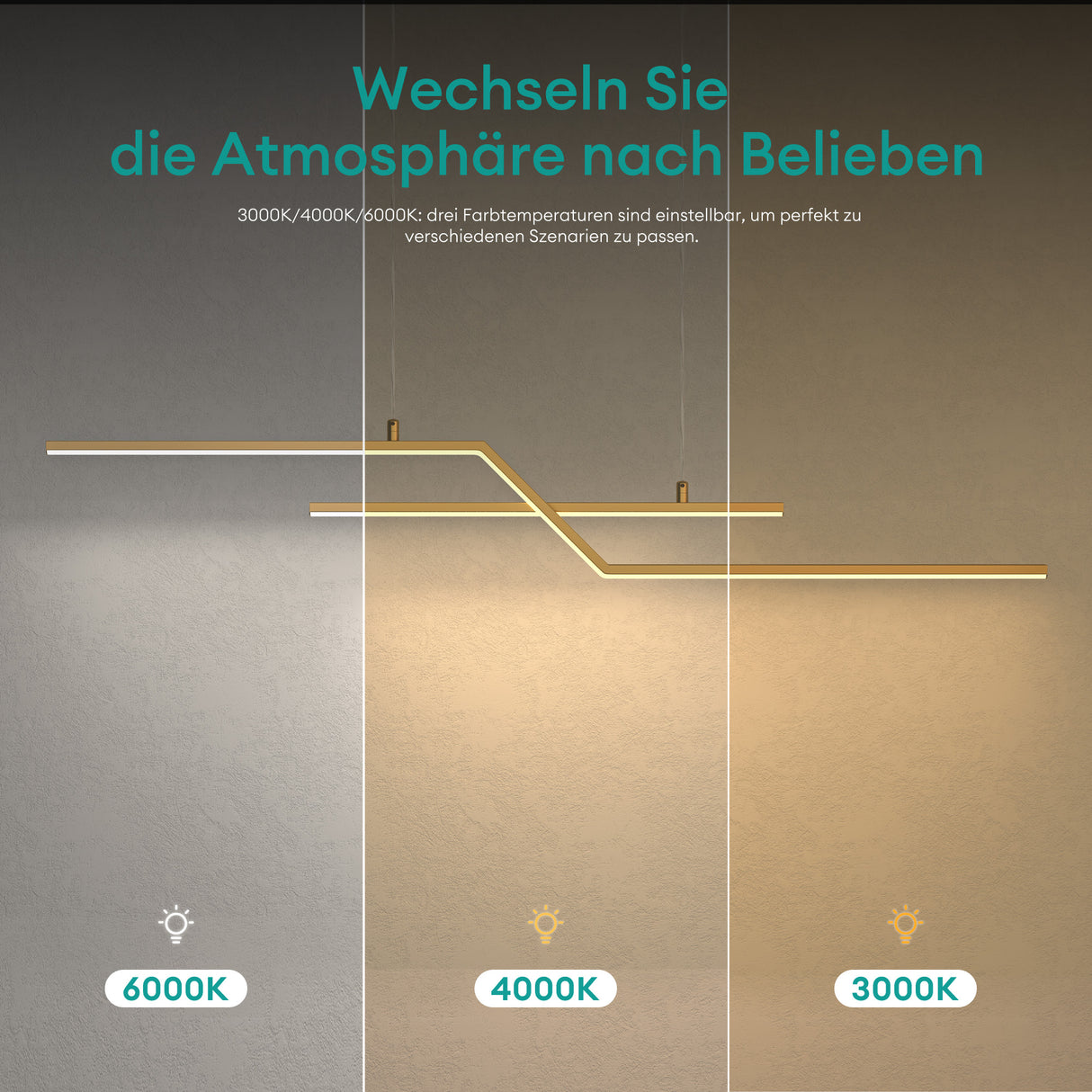 glasvilla Pendelleuchte 105cm LED Hängelampe Linear design 3000K/4000K/6000K Verstellbares Kabel 18W Hängeleuchte Alivetta7085