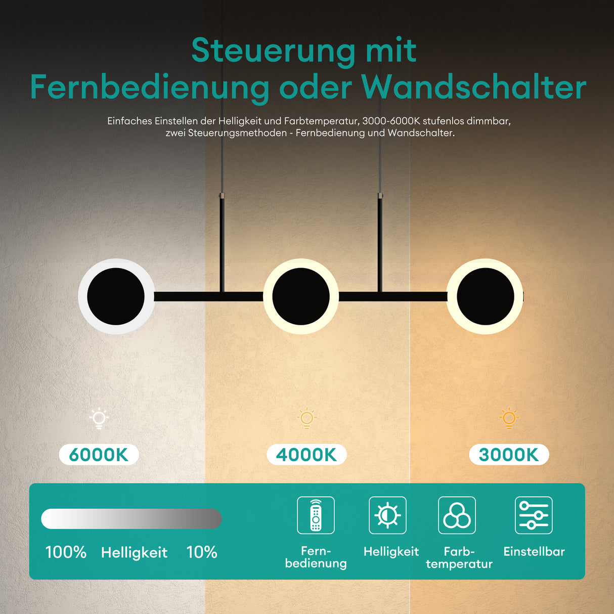 lampara colgante glasvilla 70cm LED regulable con control remoto 3000K/4000K/6000K cable ajustable 24W negro mate lámpara colgante para comedor sala de estar dormitorio
