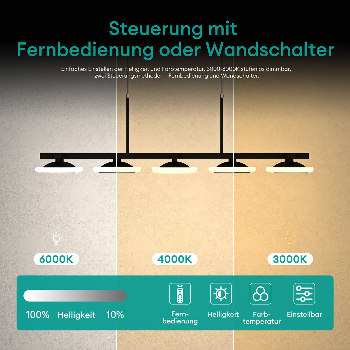 glasvilla Pendelleuchte 72cm LED Hängelampe Dimmbar mit Fernbedienung 3000K/4000K/6000K Verstellbares Kabel 32W matt Schwarz Hängeleuchte Alivetta3377