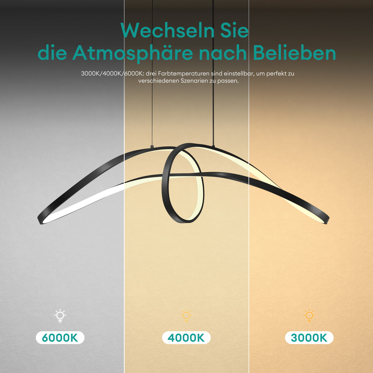 glasvilla Pendelleuchte 90cm LED Hängelampe Dynamisches Wellendesign 3000K/4000K/6000K Verstellbares Kabel 30W Schwarz Hängeleuchte für Esszimmer Wohnzimmer Schlafzimmer