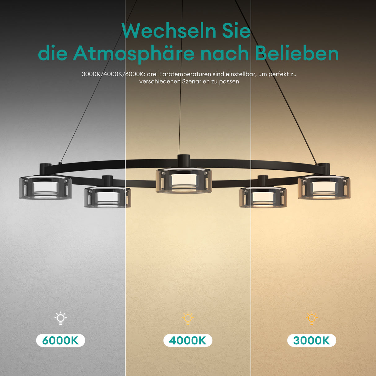 glasvilla Pendelleuchte LED Hängelampe 3000K/4000K/6000K Verstellbares Kabel Schwarz Hängeleuchte Alivetta7915 3A