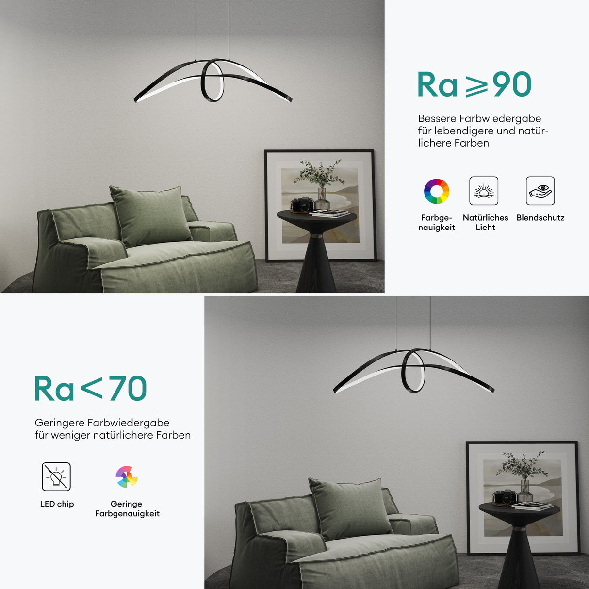 lampara colgante glasvilla 90cm LED diseño de onda dinámica 3000K/4000K/6000K cable ajustable 30W negra lámpara colgante para comedor sala de estar dormitorio