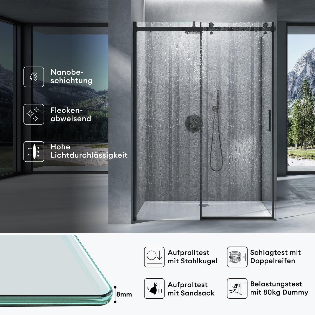 cabina de ducha glasvilla con puerta corredera separación de ducha 8mm vidrio de seguridad ESG recubrimiento nano mecanismo de elevación y descenso Rav19 negro