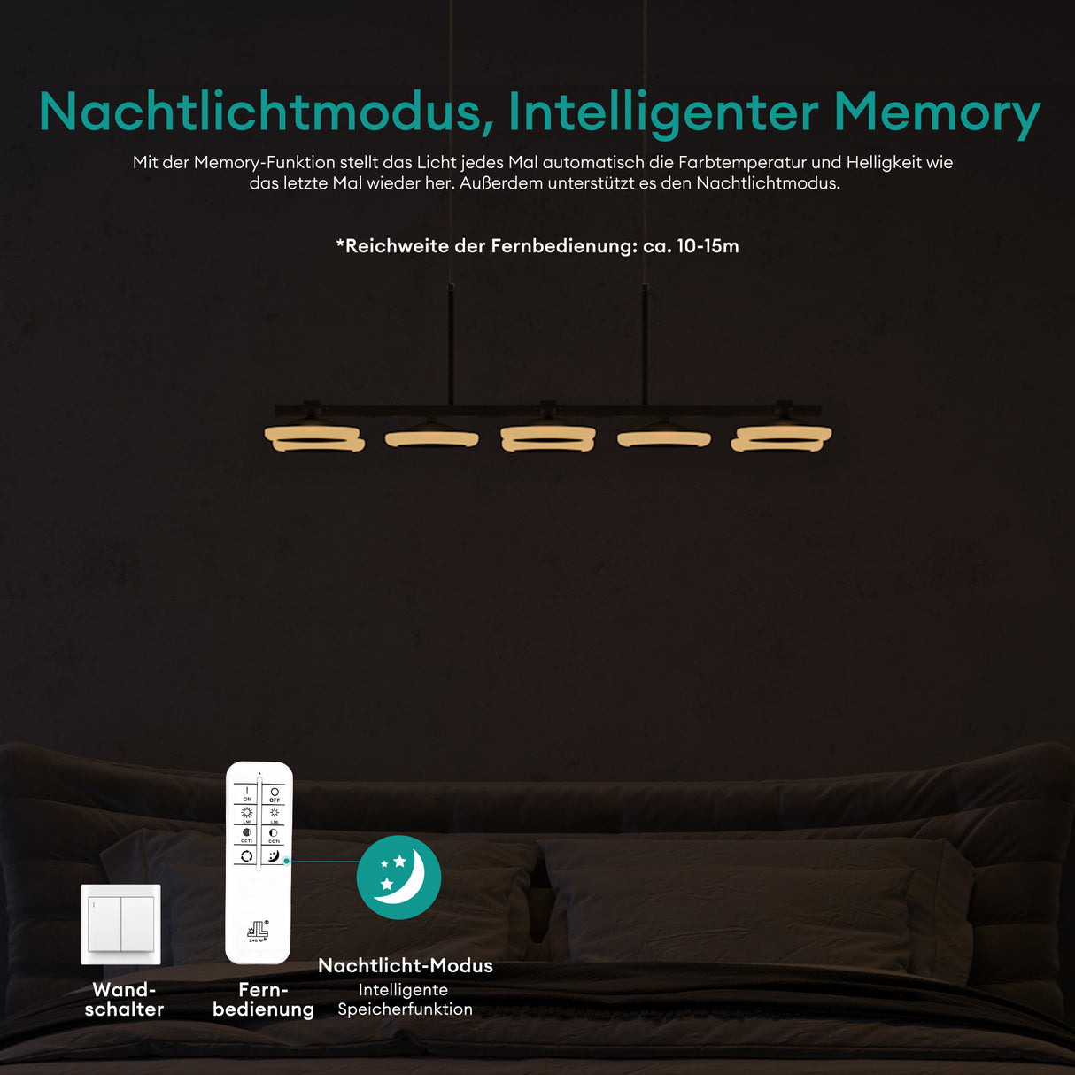 glasvilla Pendelleuchte 72cm LED Hängelampe Dimmbar mit Fernbedienung 3000K/4000K/6000K Verstellbares Kabel 32W matt Schwarz Hängeleuchte Alivetta3377