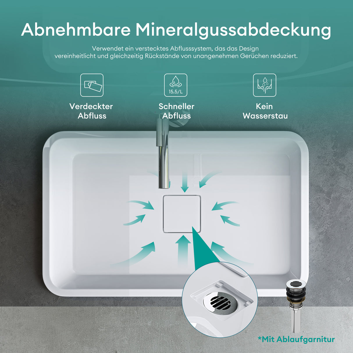 glasvilla Waschbecken mineralguss Einbauwaschbecken mit Ablaufabdeckung Col104