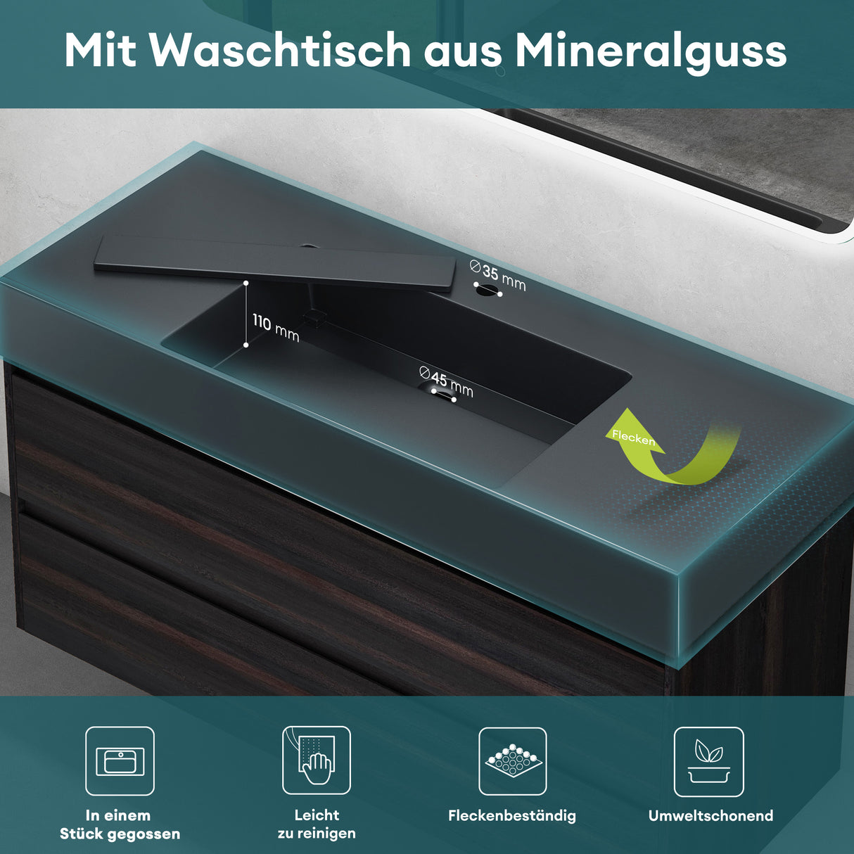 glasvilla Badmöbel Set Badezimmermöbel 120cm Waschbecken Waschtisch mit Unterschrank Deep