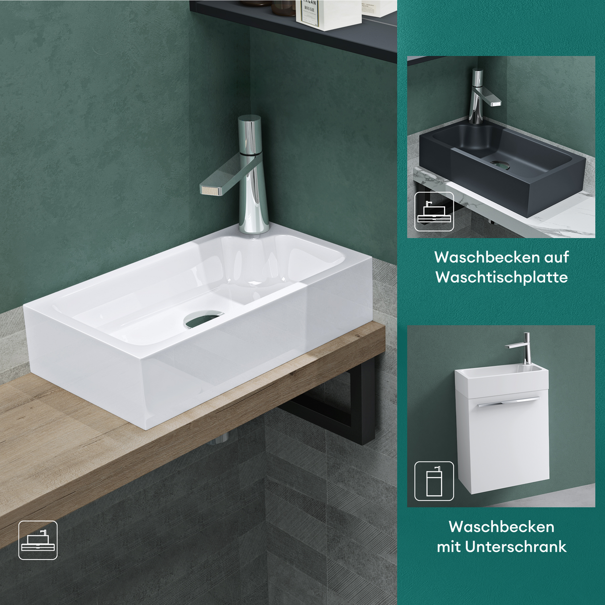 glasvilla Waschbecken Gäste WC Aufsatzwaschbecken mit Hahnloch 46x26x11cm Mineralguss Eckig Klein Waschschale Waschplatz Col101