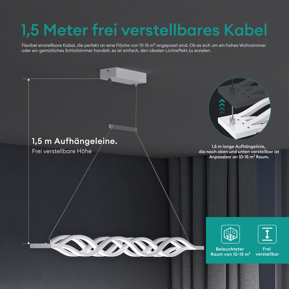 glasvilla Pendelleuchte 106cm LED Hängelampe Dimmbar mit Fernbedienung 3000K/4000K/6000K Verstellbares Kabel 60W Weiß Hängeleuchte Alivetta3301