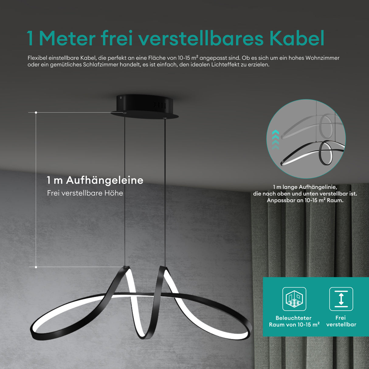 lampara colgante glasvilla 90cm LED diseño de onda dinámica 3000K/4000K/6000K cable ajustable 30W negra lámpara colgante para comedor sala de estar dormitorio