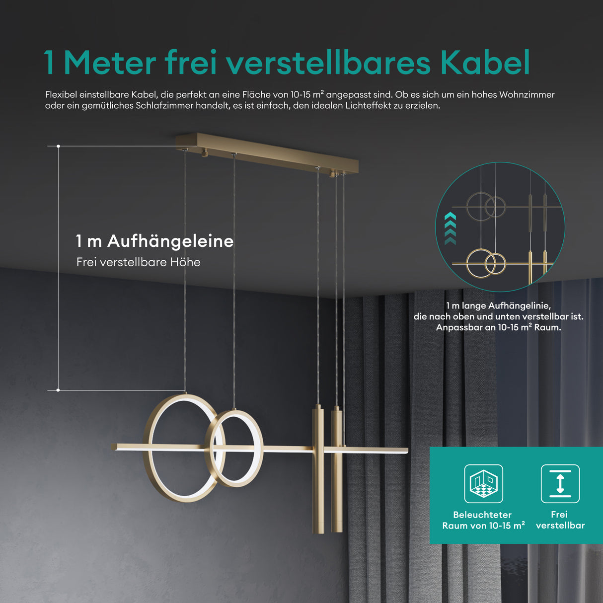 lampara colgante glasvilla 100cm LED diseño lineal 3000K/4000K/6000K cable ajustable 38W lámpara colgante para comedor sala de estar dormitorio