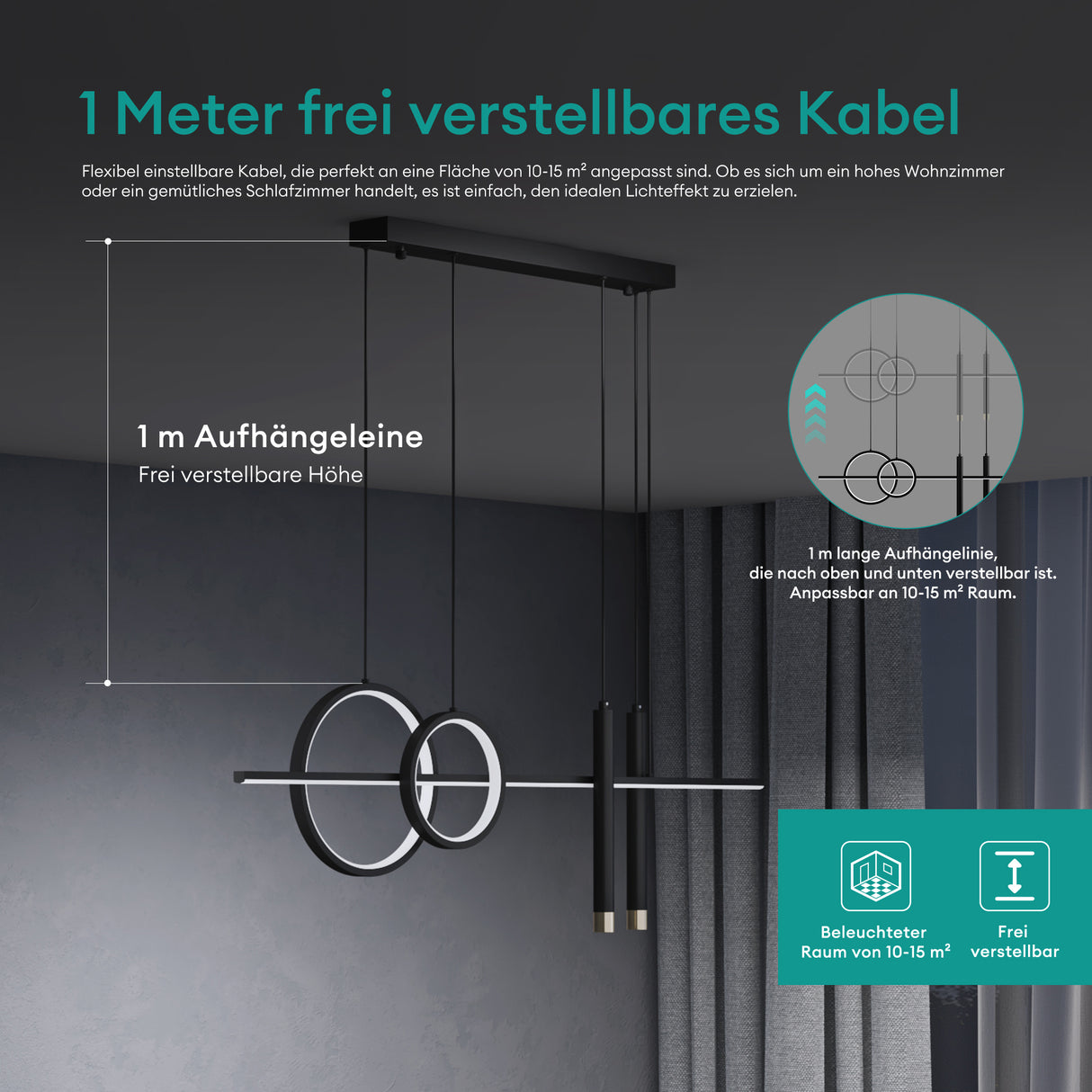 lampara colgante glasvilla 100cm LED diseño lineal 3000K/4000K/6000K cable ajustable 38W lámpara colgante para comedor sala de estar dormitorio