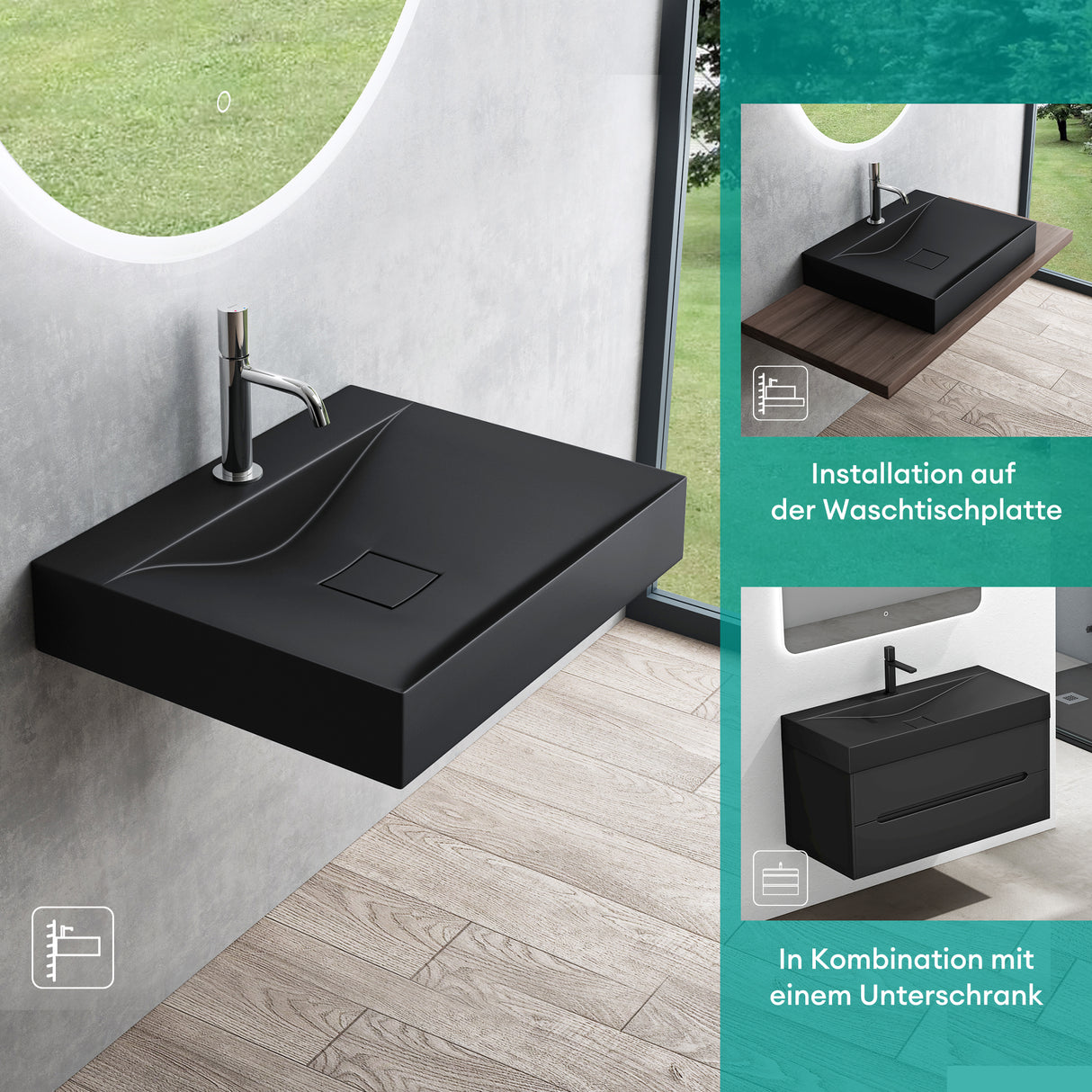 Lavabo Glasvilla, lavabo suspendu, lavabo à poser en matériau minéral moulé, Col810