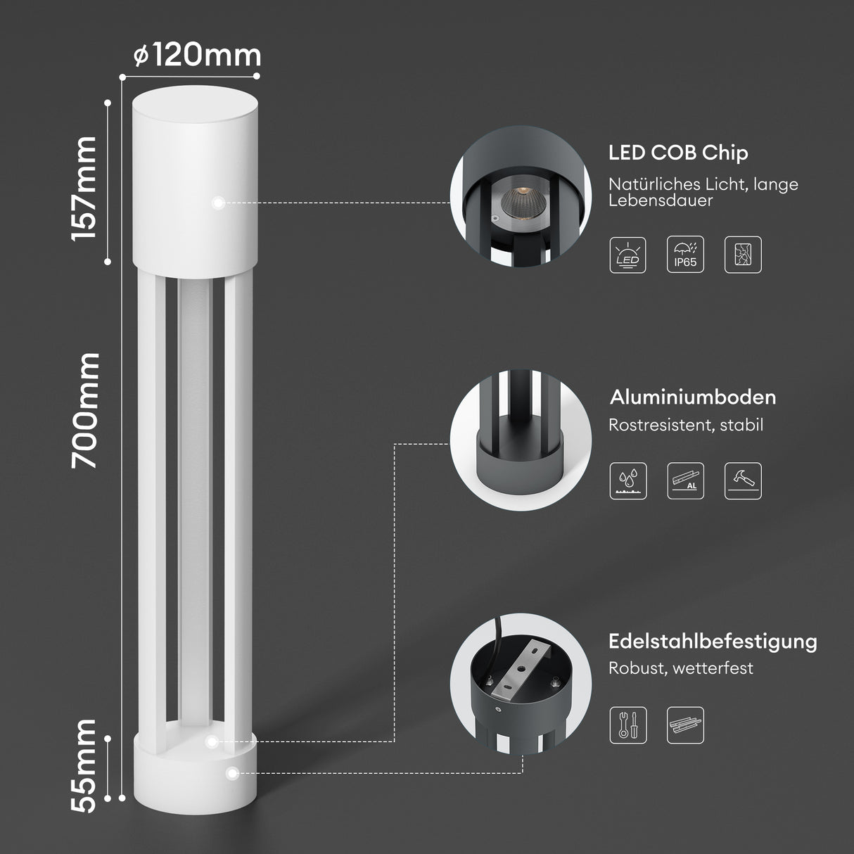 glasvilla Außenleuchte ⌀120xH700mm IP65 Wegeleuchte Außen | Pollerleuchte für Garten, 3000K Stehlampe Gartenlampe | Außenlampe Standleuchte 10W NeoForge
