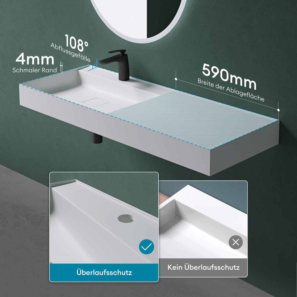 glasvilla Lavabo Bagno Sospeso da Marmo Fuso Lavandino Bagno a Parete Lavabo Rettangolare Colossum630