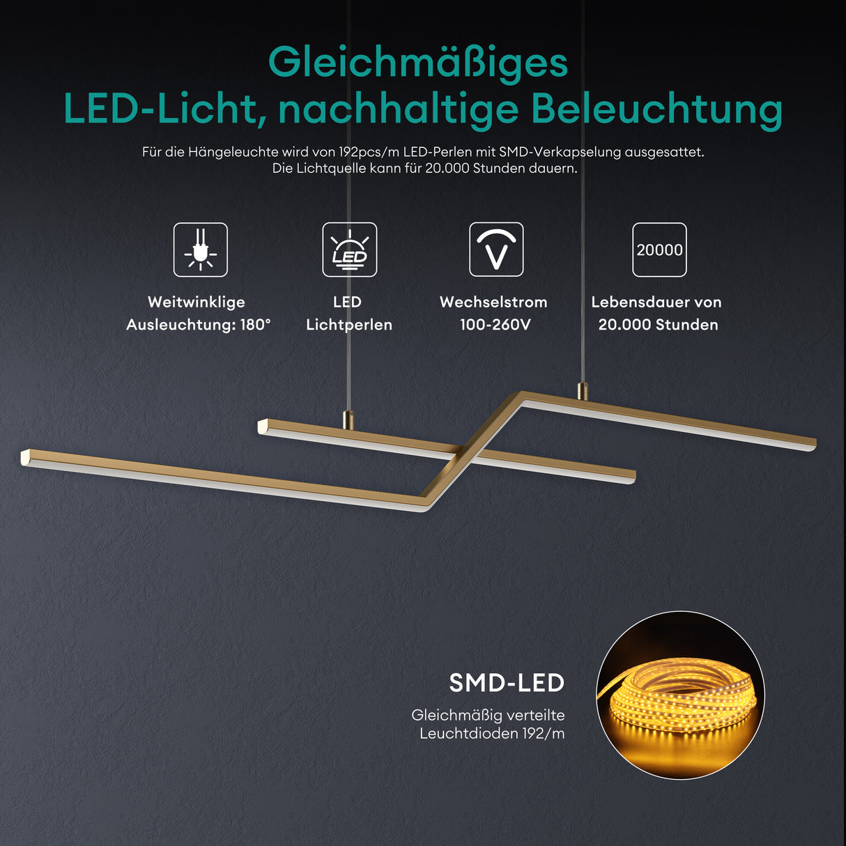 glasvilla Lámpara colgante 105cm LED Lámpara colgante Diseño lineal 3000K/4000K/6000K Cable ajustable 18W Lámpara colgante para comedor sala de estar dormitorio