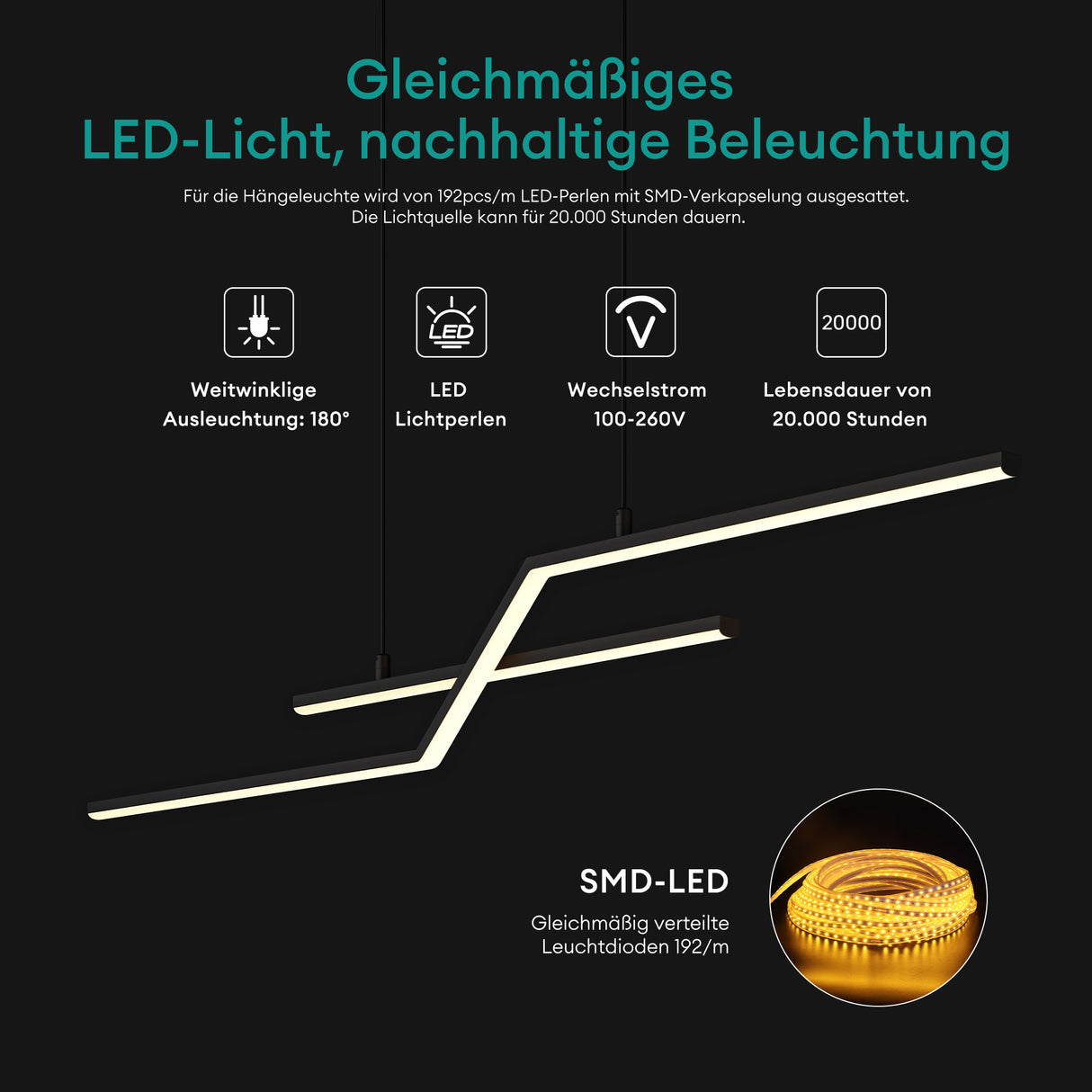 glasvilla Pendelleuchte 105cm LED Hängelampe Linear design 3000K/4000K/6000K Verstellbares Kabel 18W Hängeleuchte Alivetta7085