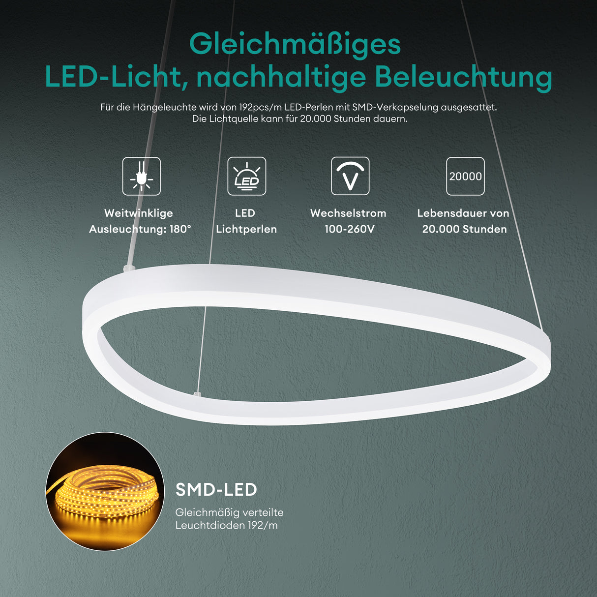 glasvilla Pendelleuchte 50cm LED Hängelampe Dynamisches Wellendesign 3000K/4000K/6000K Verstellbares Kabel 16W Hängeleuchte für Esszimmer Wohnzimmer Schlafzimmer