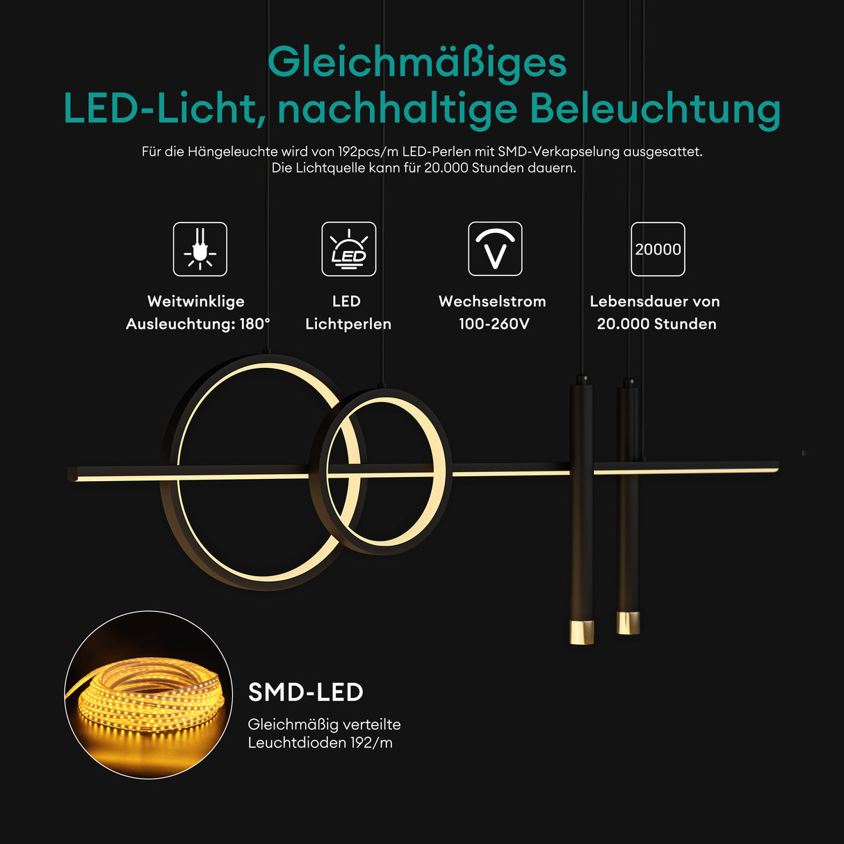 glasvilla Lampadario a Sospensione 38W, 100CM, Lampada da Soffitto a Sospensione 3000K/4000K/6000K con Cavo Regolabile per Camera da Letto e Soggiorno