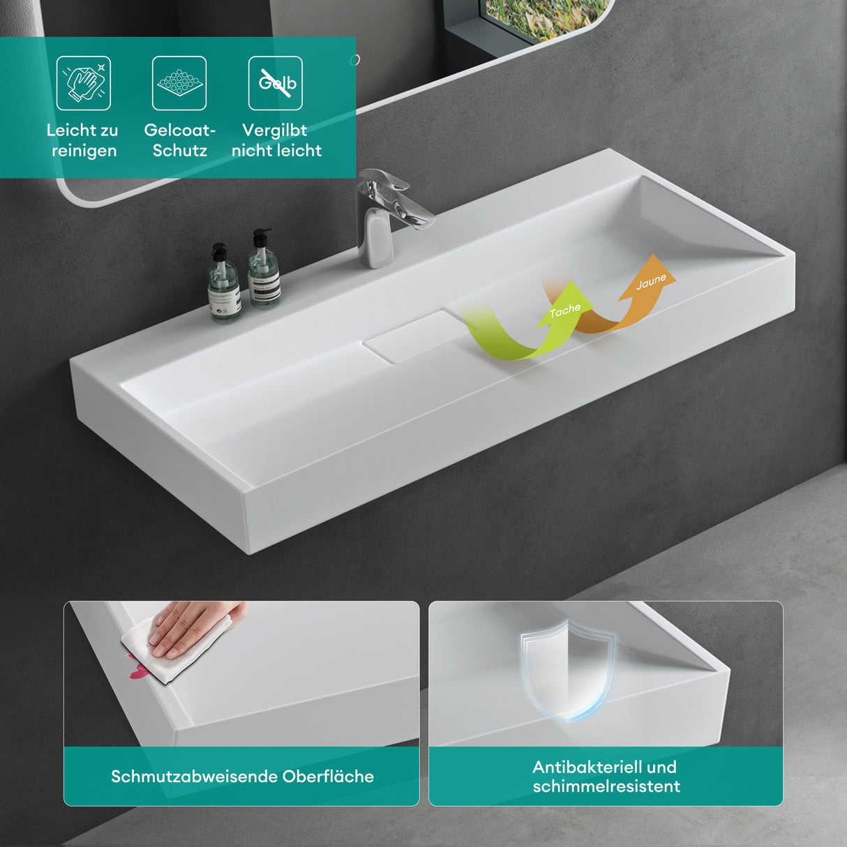 lavabo Glasvilla, lavabo à poser, lavabo suspendu, meuble vasque suspendu avec bonde, en fonte minérale, zone de vasque rectangulaire col19
