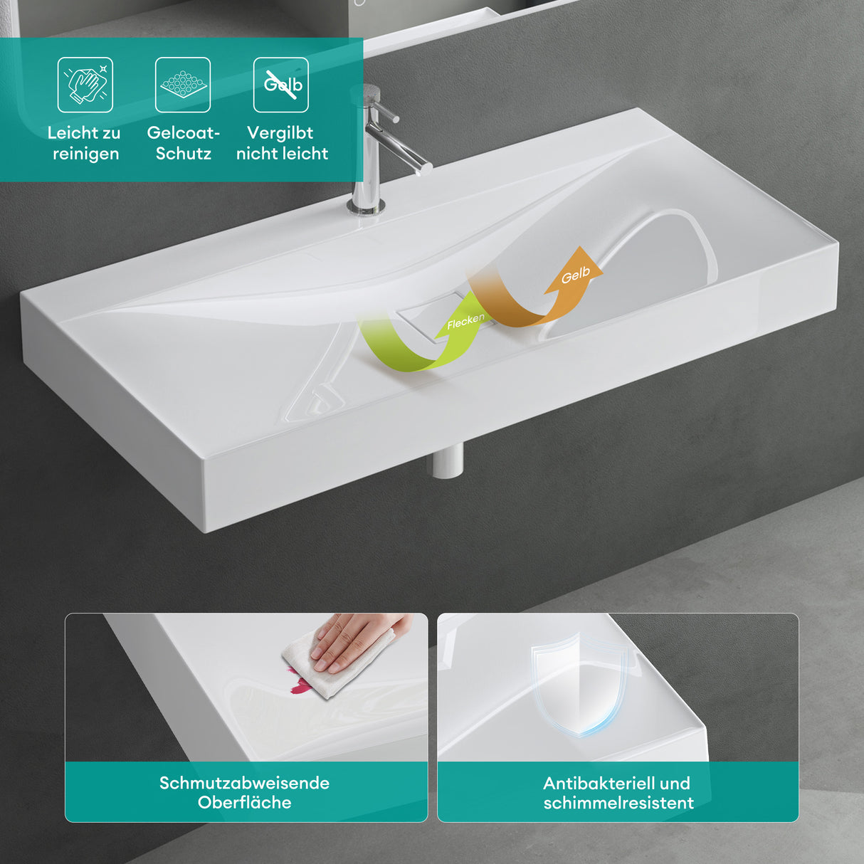 Lavabo Glasvilla, lavabo suspendu, lavabo à poser en matériau minéral moulé, Col810