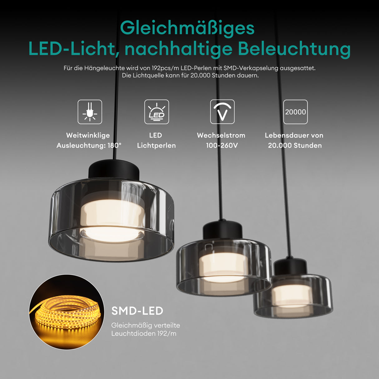 glasvilla Pendelleuchte LED Hängelampe 3000K/4000K/6000K Verstellbares Kabel Schwarz Hängeleuchte Alivetta7915 3A