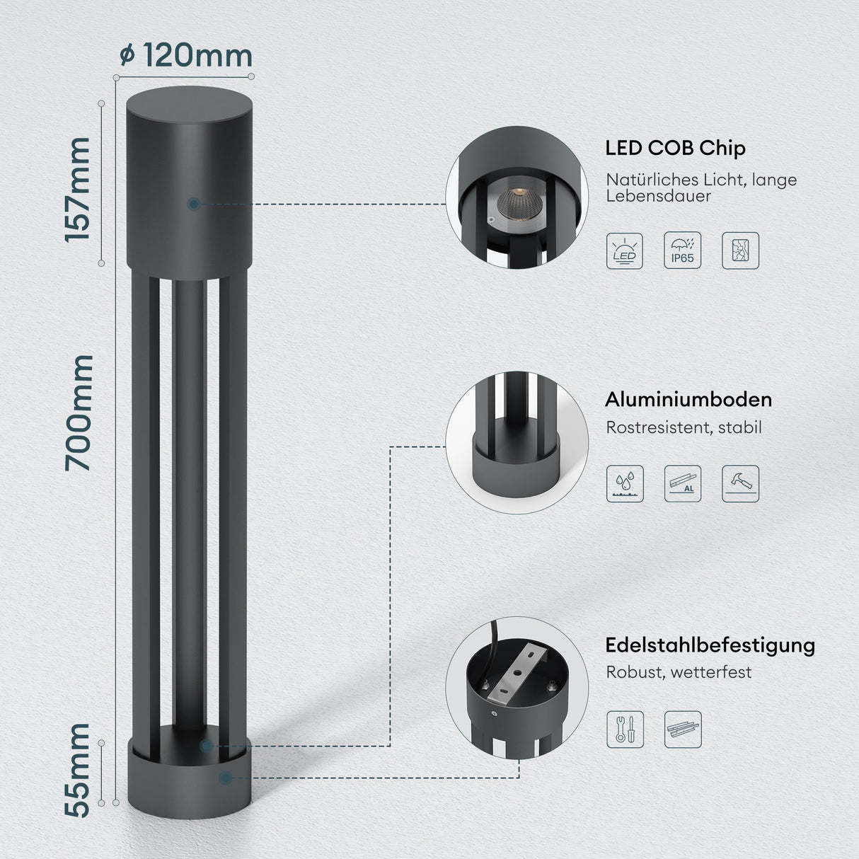 glasvilla Außenleuchte ⌀120xH700mm IP65 Wegeleuchte Außen | Pollerleuchte für Garten, 3000K Stehlampe Gartenlampe | Außenlampe Standleuchte 10W NeoForge