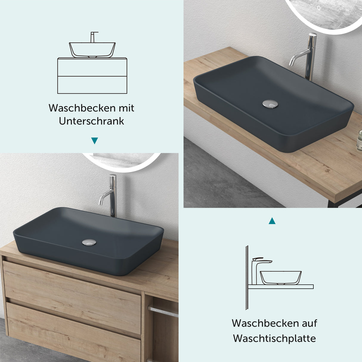 glasvilla Waschbecken Aufsatzwaschbecken aus Mineralguss Waschschale Waschtisch inkl. Standard DIN-Anschlüsse Col815