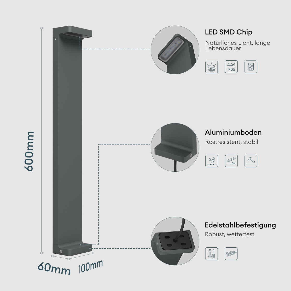 glasvilla Außenleuchte 10x6x60cm IP65 Wegeleuchte Außen | Pollerleuchte für Garten, 3000K Stehlampe Gartenlampe | Außenlampe Standleuchte 6W LumaTorch