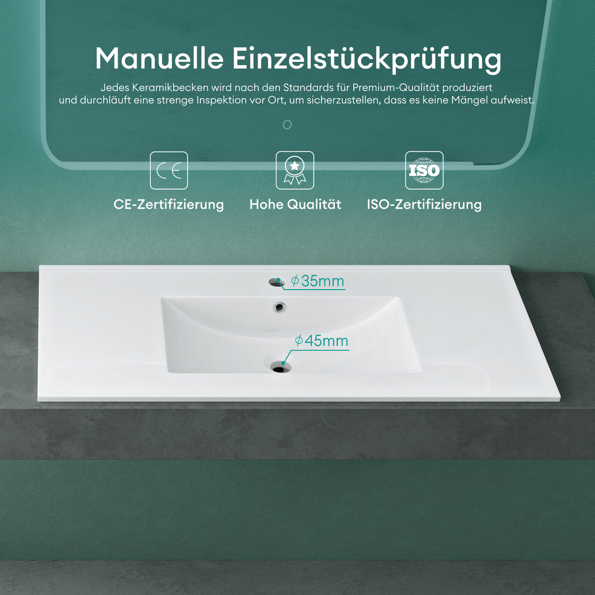 glasvilla Waschbecken Einbauwaschbecken Waschtisch Weiß glänzend aus Keramik inkl. Nano-Beschichtung Rechteckig Brüssel911