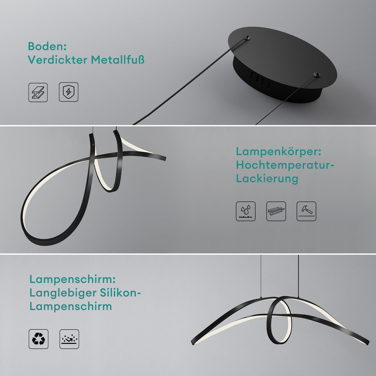 lampara colgante glasvilla 90cm LED diseño de onda dinámica 3000K/4000K/6000K cable ajustable 30W negra lámpara colgante para comedor sala de estar dormitorio