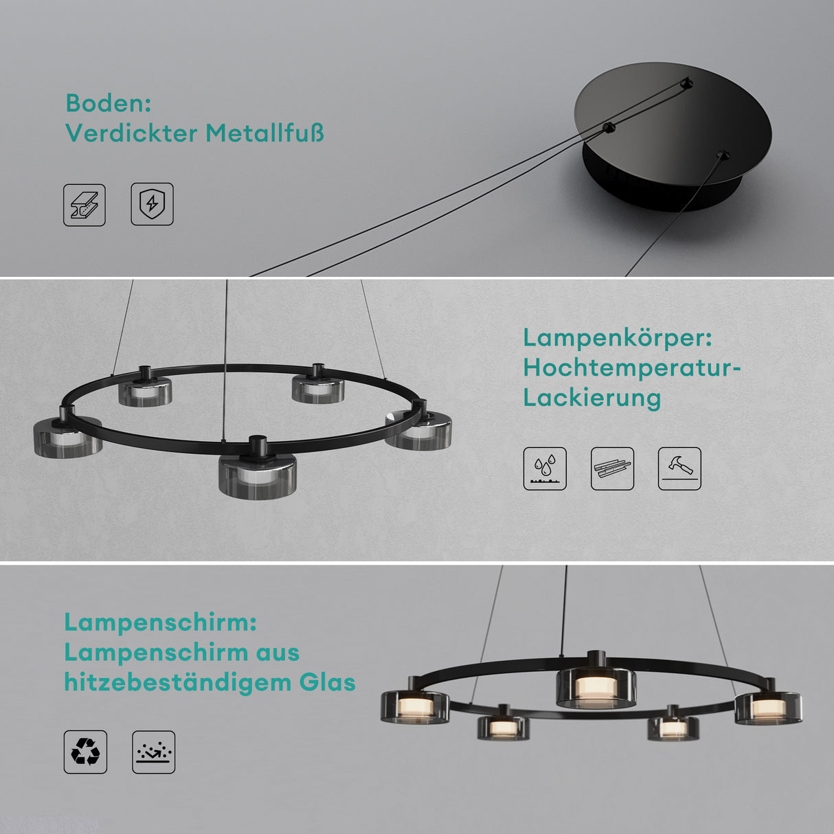glasvilla Pendelleuchte LED Hängelampe 3000K/4000K/6000K Verstellbares Kabel Schwarz Hängeleuchte Alivetta7915 3A