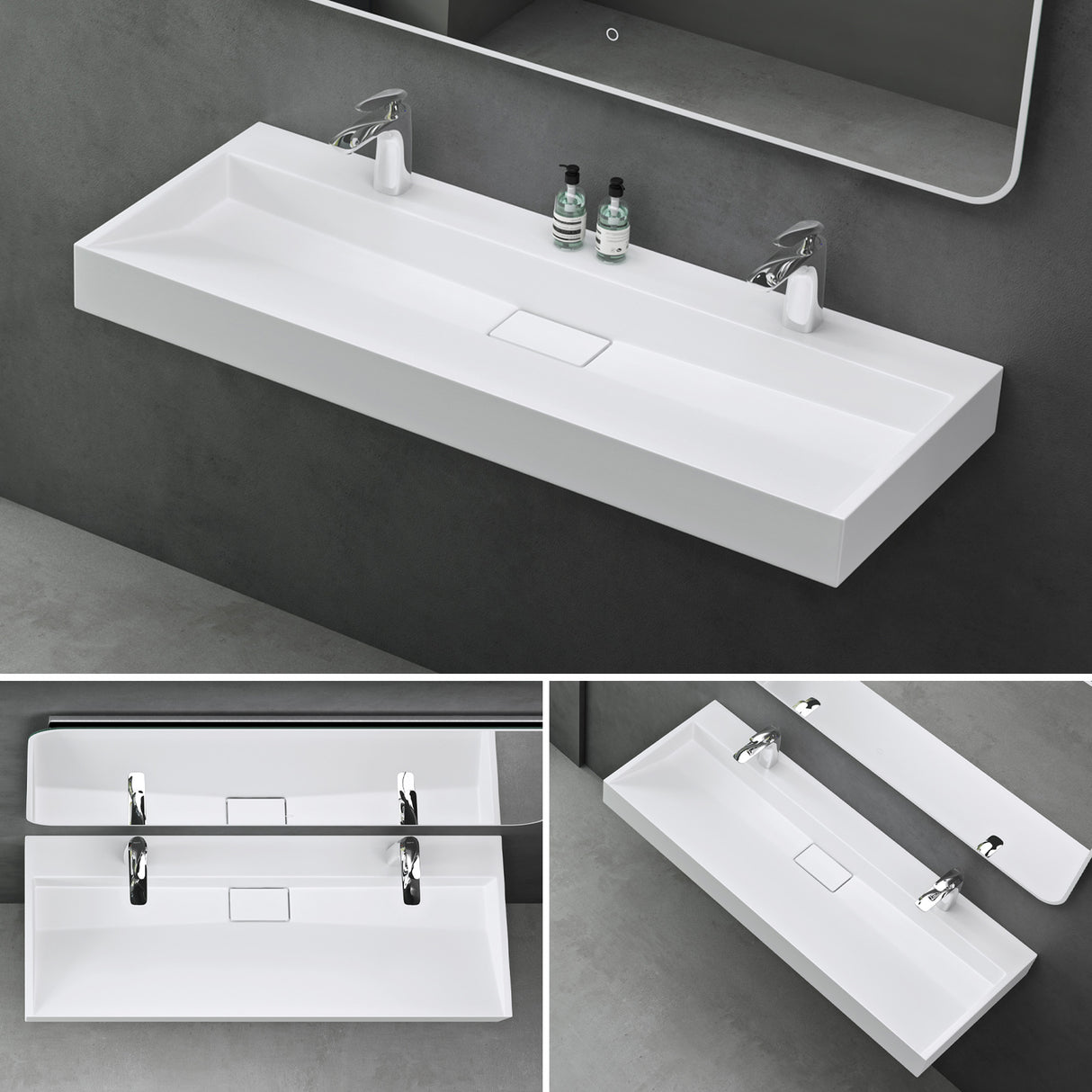 lavabo Glasvilla, lavabo à poser, lavabo suspendu, meuble vasque suspendu avec bonde, en fonte minérale, zone de vasque rectangulaire col19