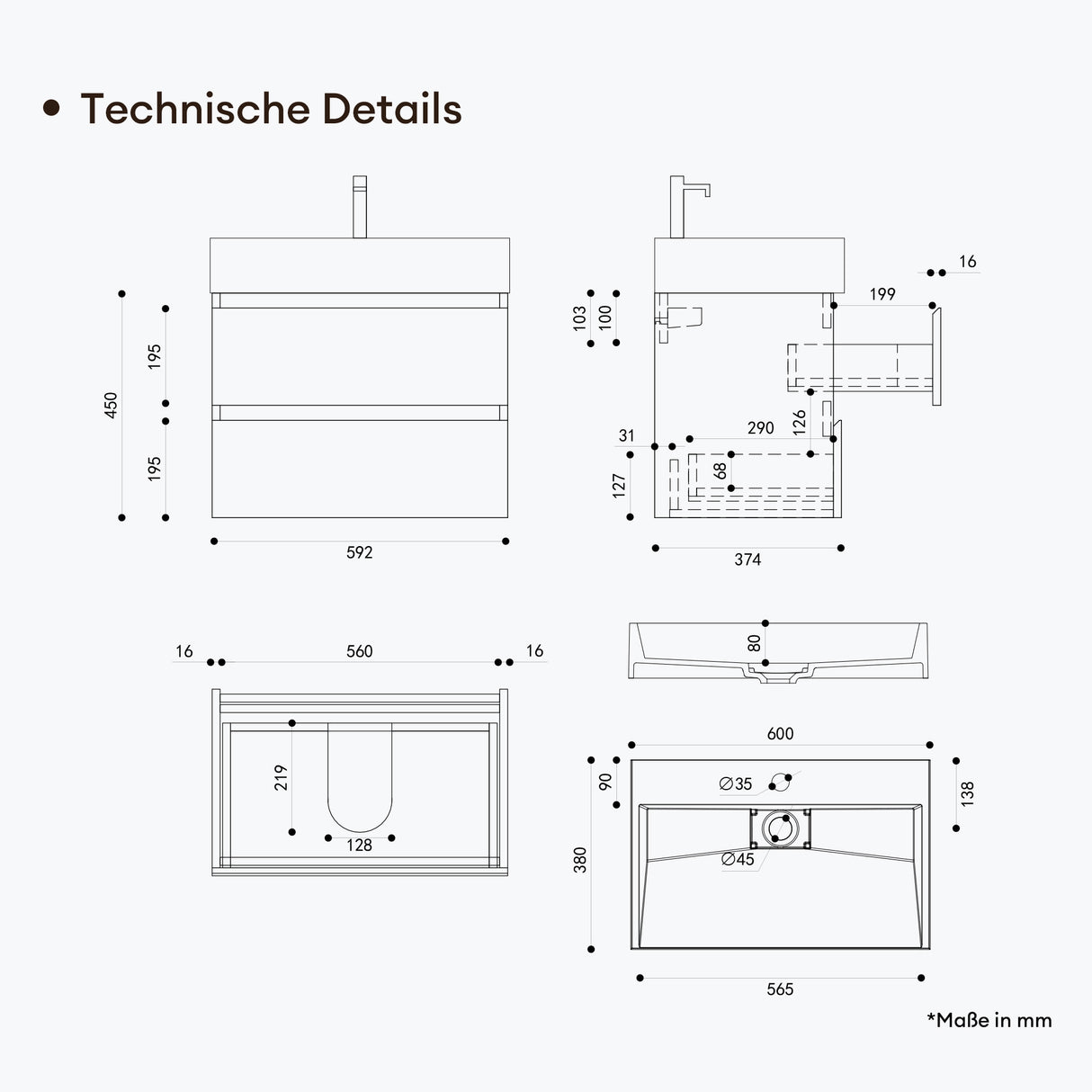 glasvilla Badmöbel-Set Waschbeckenunterschrank Verona mit 2-Schubladen inkl. Waschbecken und Ablaufgarnitur