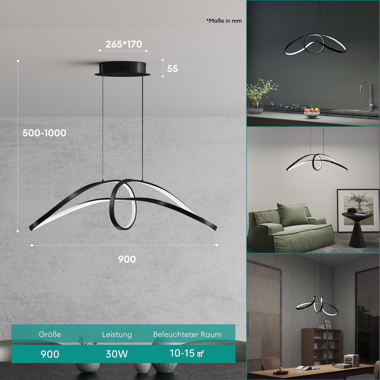 lampara colgante glasvilla 90cm LED diseño de onda dinámica 3000K/4000K/6000K cable ajustable 30W negra lámpara colgante para comedor sala de estar dormitorio