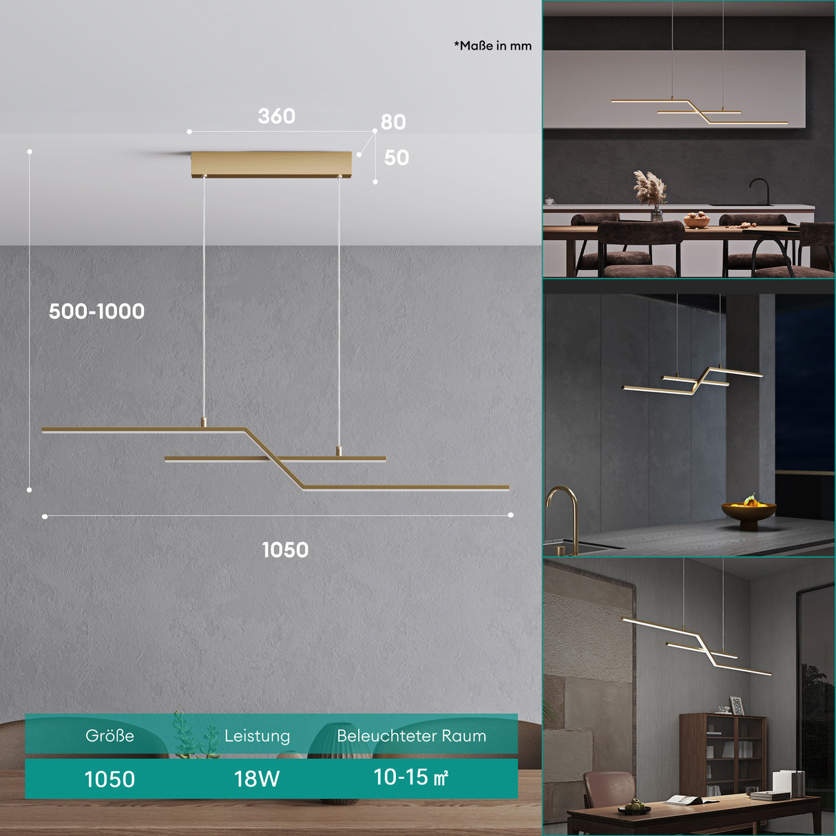 glasvilla Pendelleuchte 105cm LED Hängelampe Linear design 3000K/4000K/6000K Verstellbares Kabel 18W Hängeleuchte für Esszimmer Wohnzimmer Schlafzimmer