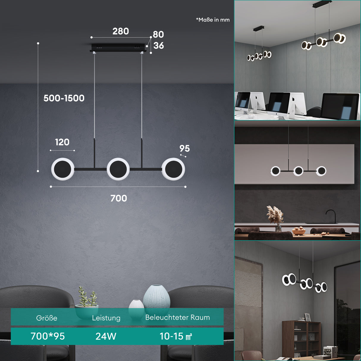 lampara colgante glasvilla 70cm LED regulable con control remoto 3000K/4000K/6000K cable ajustable 24W negro mate lámpara colgante para comedor sala de estar dormitorio
