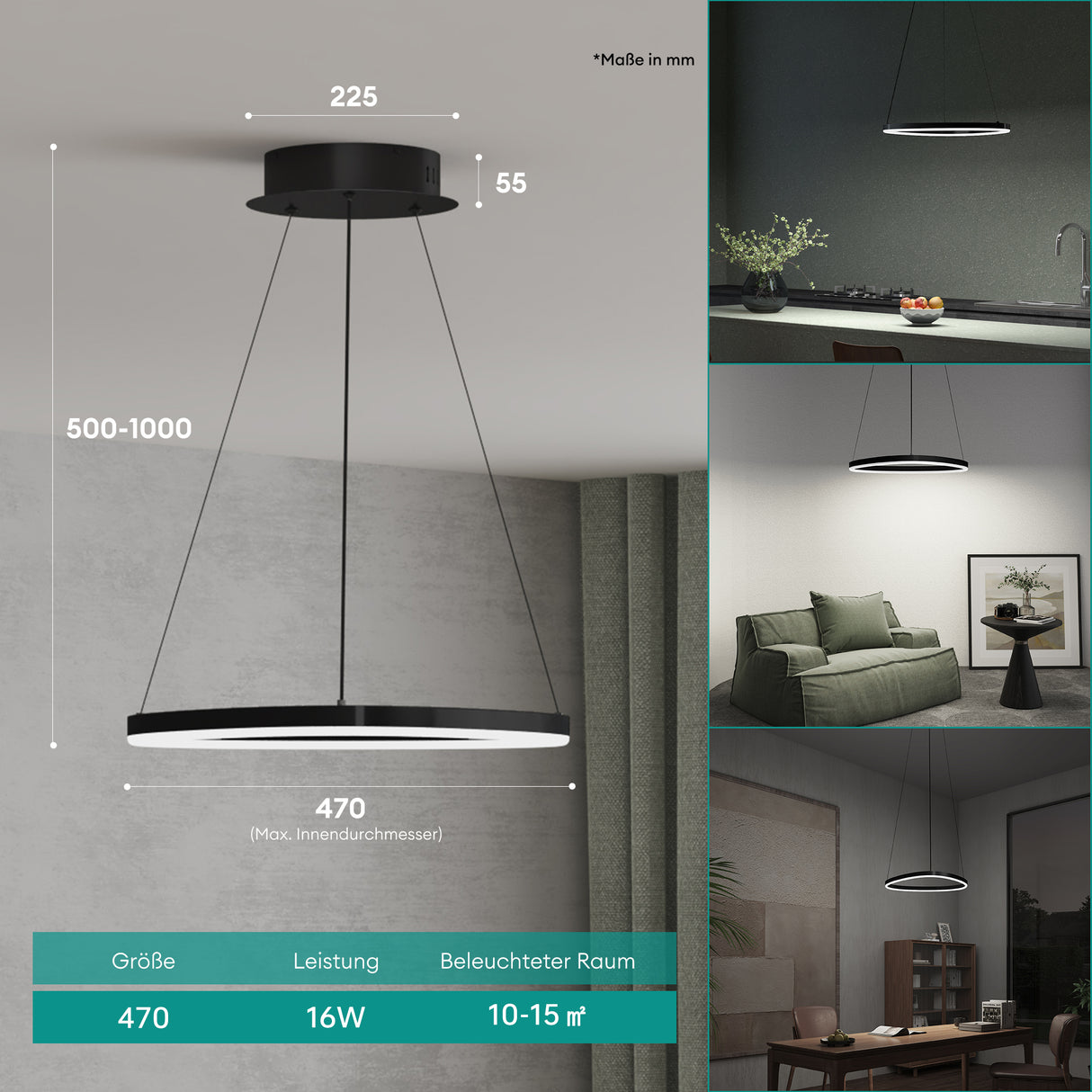 glasvilla Pendelleuchte 50cm LED Hängelampe Dynamisches Wellendesign 3000K/4000K/6000K Verstellbares Kabel 16W Hängeleuchte für Esszimmer Wohnzimmer Schlafzimmer