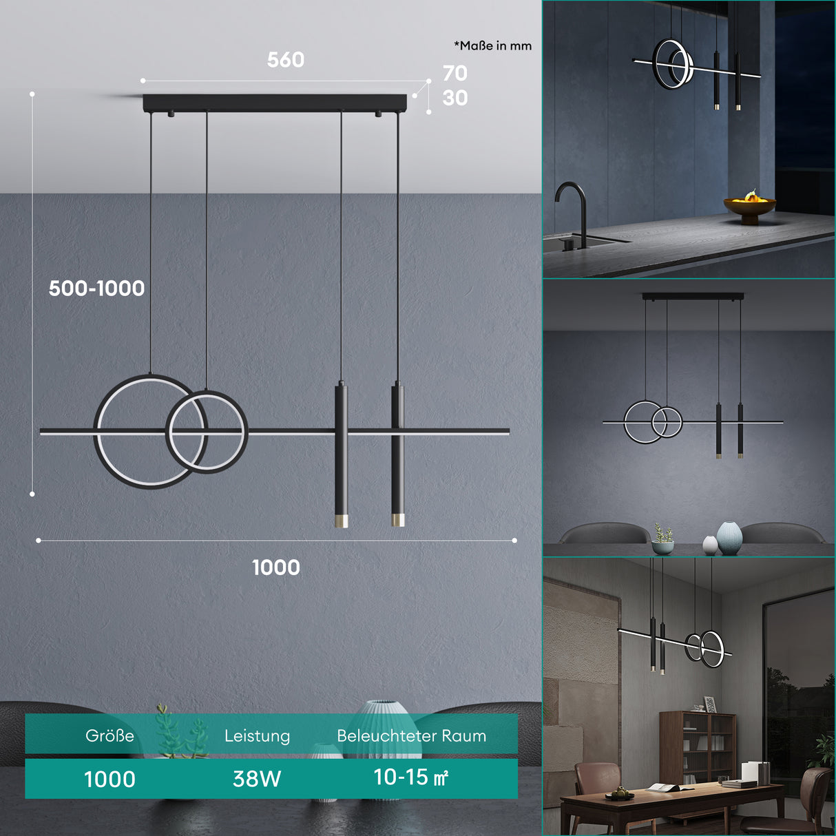 glasvilla Lampadario a Sospensione 38W, 100CM, Lampada da Soffitto a Sospensione 3000K/4000K/6000K con Cavo Regolabile per Camera da Letto e Soggiorno