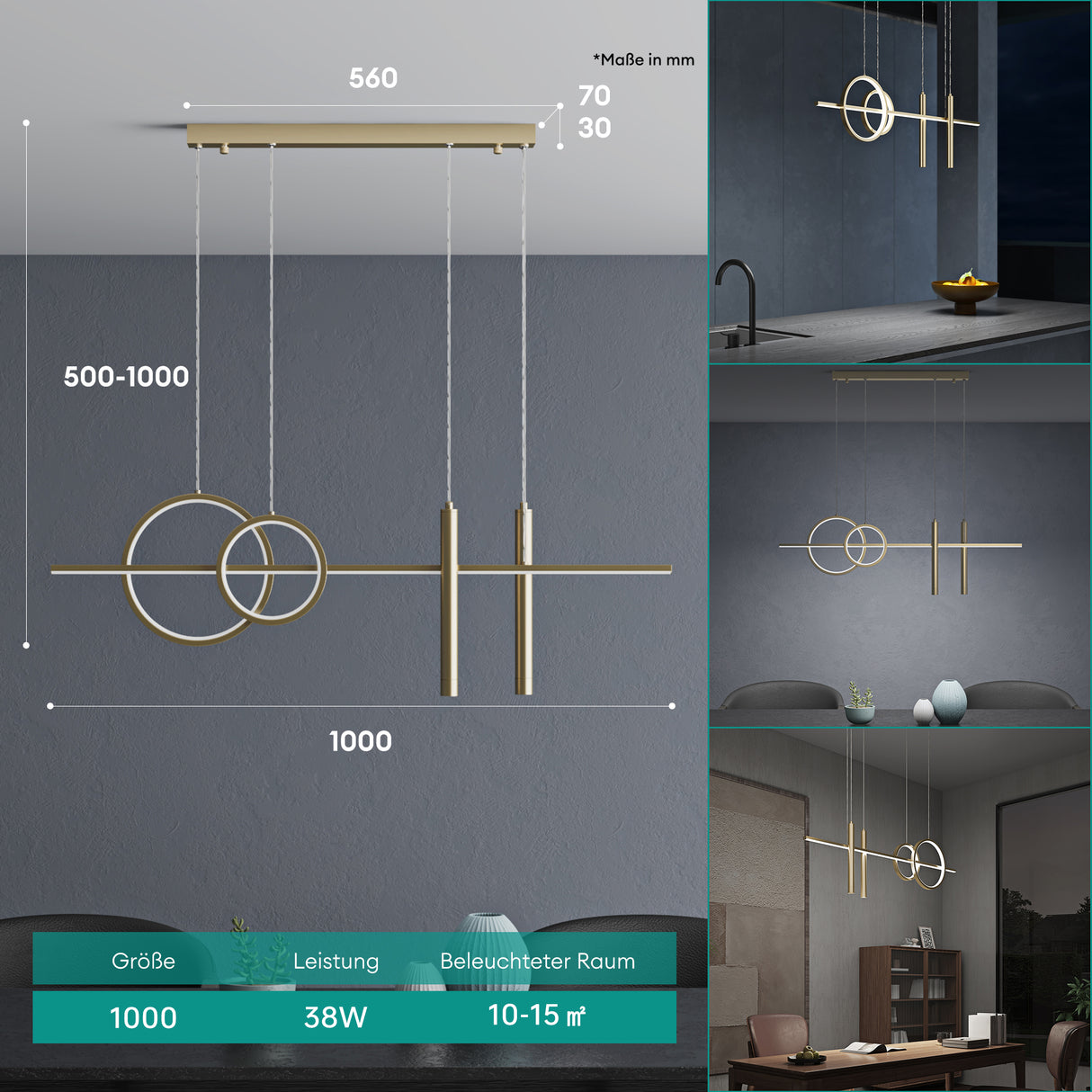lampara colgante glasvilla 100cm LED diseño lineal 3000K/4000K/6000K cable ajustable 38W lámpara colgante para comedor sala de estar dormitorio