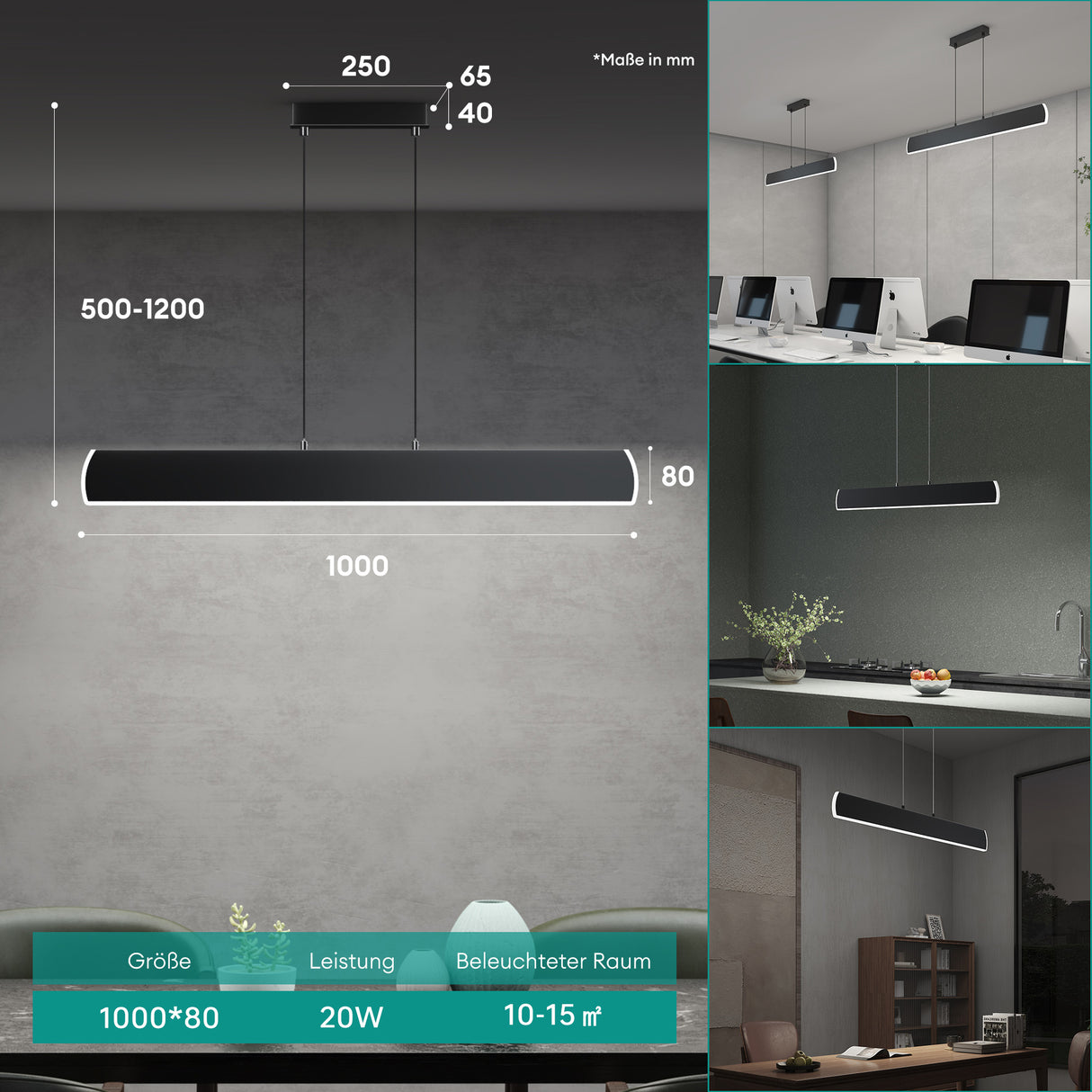 Glasvilla Design – Lámpara colgante LED 100 cm regulable con mando a distancia, 3000K–6000K (20W)