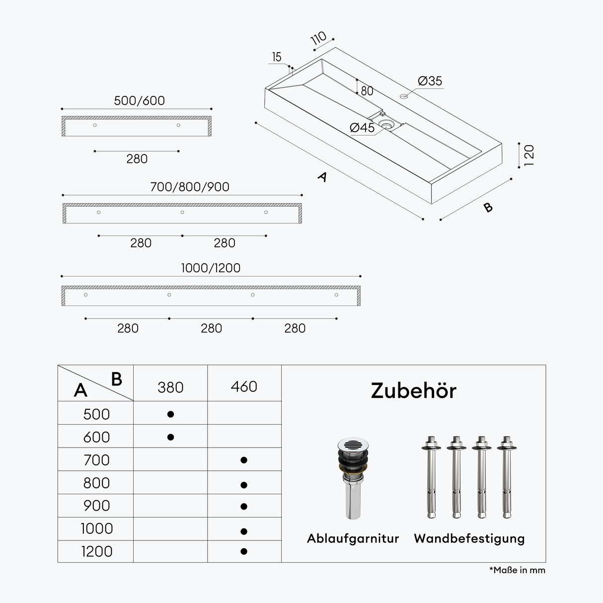 lavabo Glasvilla, lavabo à poser, lavabo suspendu, meuble vasque suspendu avec bonde, en fonte minérale, zone de vasque rectangulaire col19