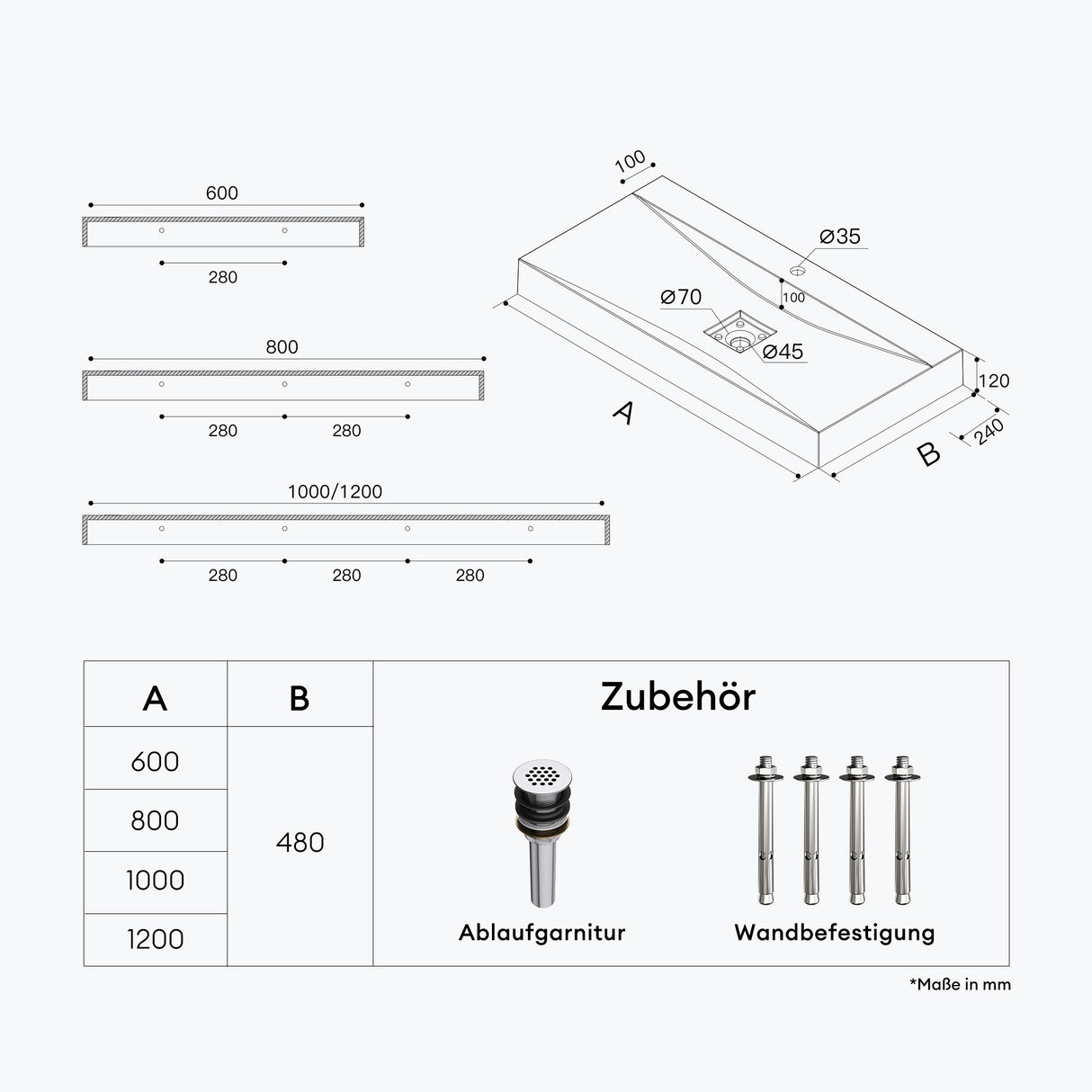 glasvilla Waschbecken Hängewaschtisch Aufsatzwaschschale aus Mineralguss Col810