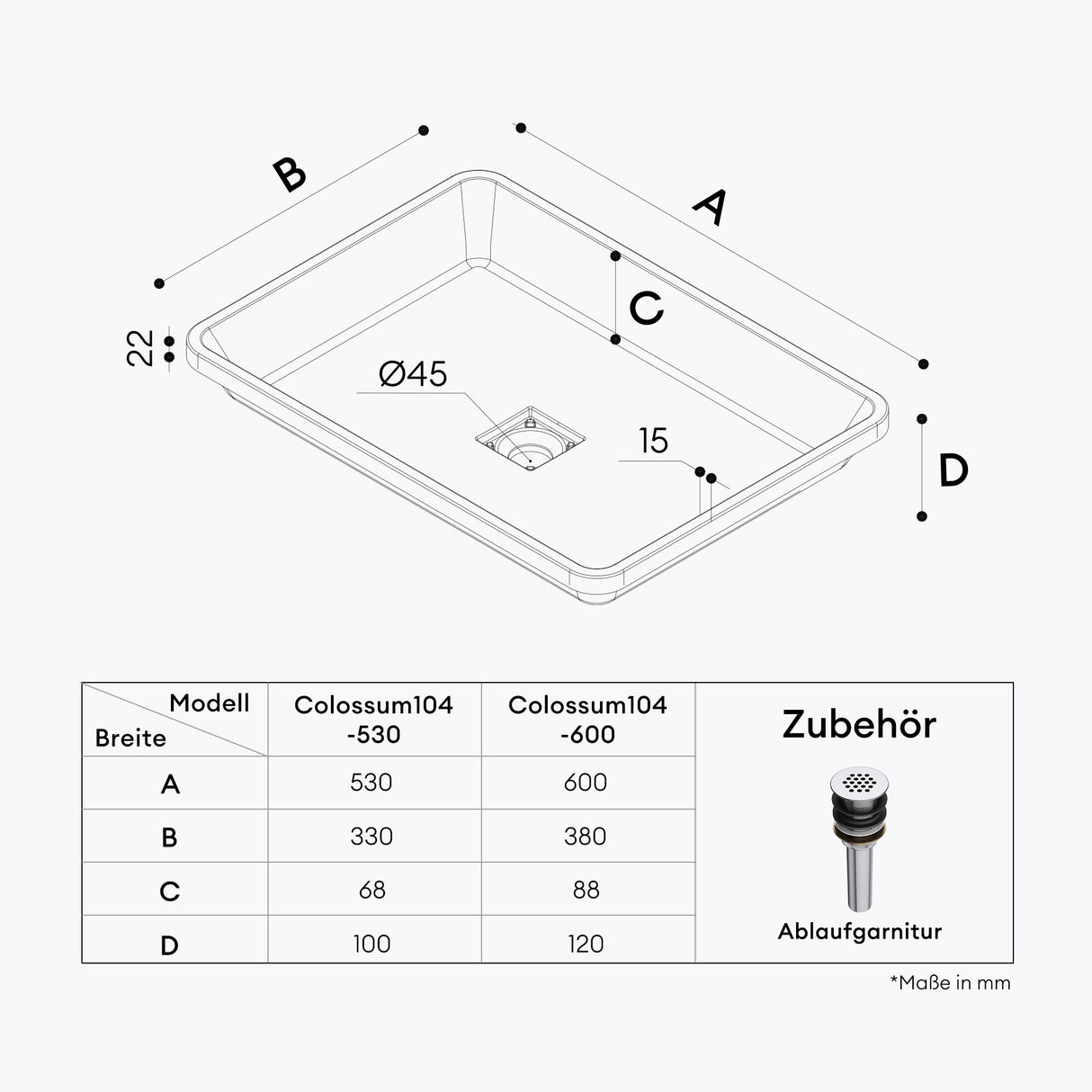 glasvilla Waschbecken mineralguss Einbauwaschbecken mit Ablaufabdeckung Col104