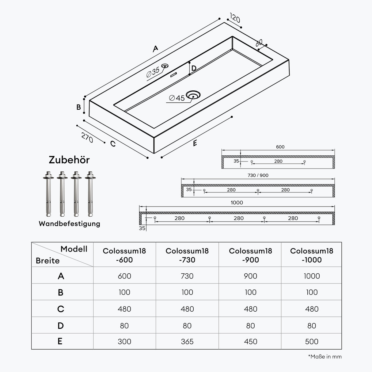 glasvilla Waschbecken Col18 Hängewaschtisch Aufsatzwaschbecken Mineralguss 1 Armaturenloch rechteckig