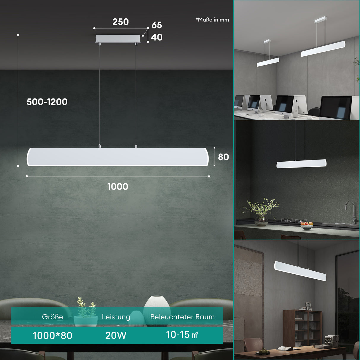 Glasvilla Design – Lámpara colgante LED 100 cm regulable con mando a distancia, 3000K–6000K (20W)