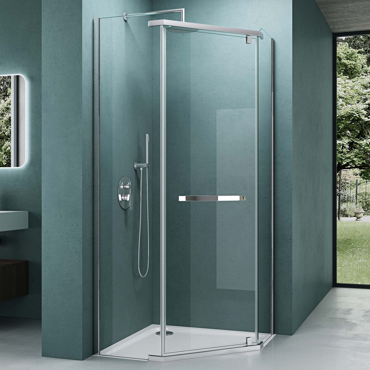 cabina de ducha en forma de pentágono glasvilla con plato de ducha, mampara de ducha de vidrio templado, instalación a ras de suelo posible, 8mm ESG, ducha Ravenna08