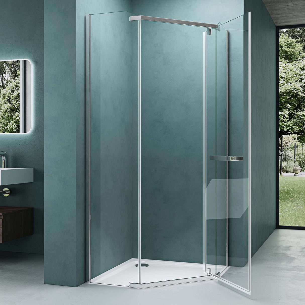 cabina de ducha en forma de pentágono glasvilla con plato de ducha, mampara de ducha de vidrio templado, instalación a ras de suelo posible, 8mm ESG, ducha Ravenna08